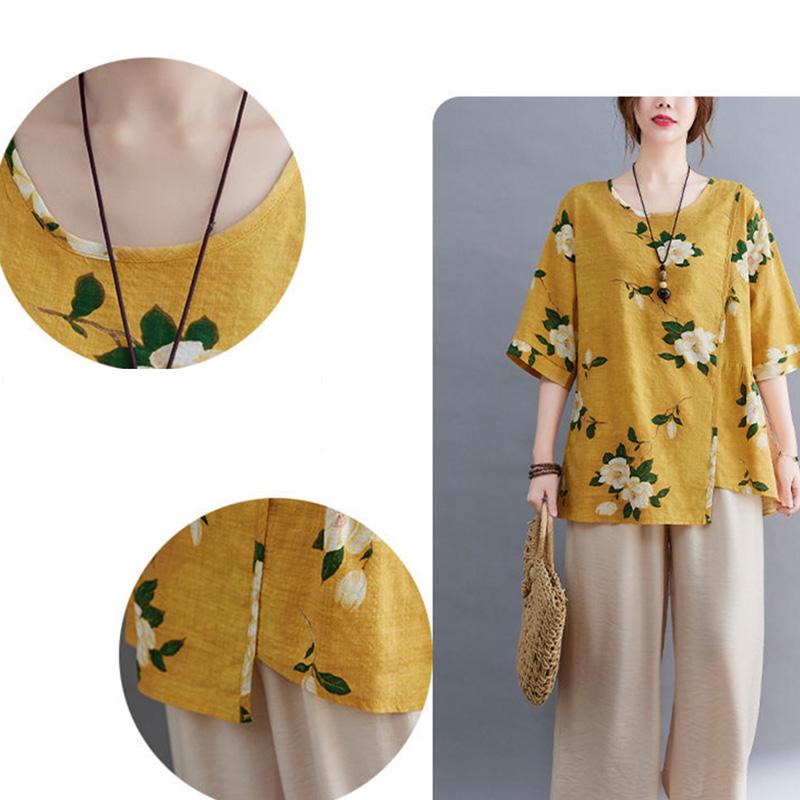 Women's Summer Round Neck Short Sleeve T-shirt Loose and Thin Casual Cotton Linen Graphic Shirt Leisure Blouse Tops