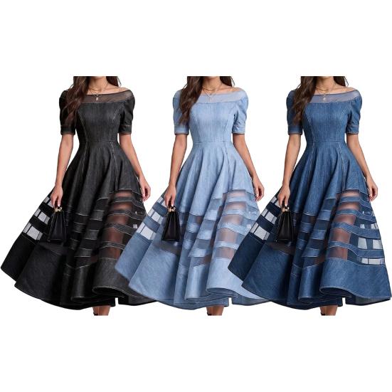Damen schulterfreies Jeanskleid, Netz-Patchwork Kurzarm A-Linie Swingkleid, Sommer Reise Urlaub langes Kleid