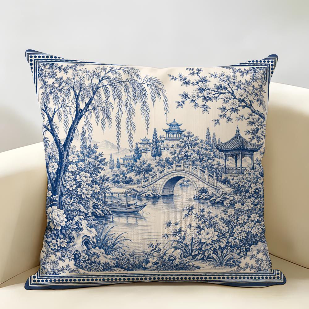 Funda de Cojín Paisaje Azul Blanco Duradera Hipoalergénica Lino Orgánico Funda de Cojín Corto Lavable