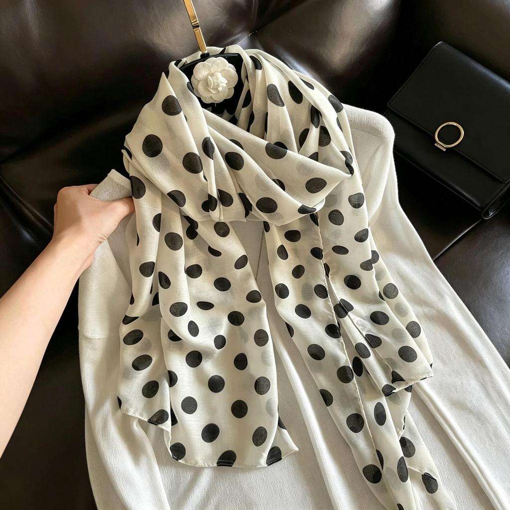 Women's Black and White Polka Dot Silk Scarf - Large, Lightweight Shawl for Sun Protection, Travel, or Beach. Perfect for Spring and Summer.
