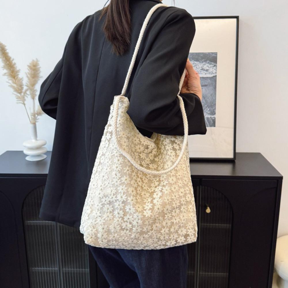 Solid Color Flower Tote Bag Large Capacity Cloth Shoulder Bag Portable Underarm Bag Daily