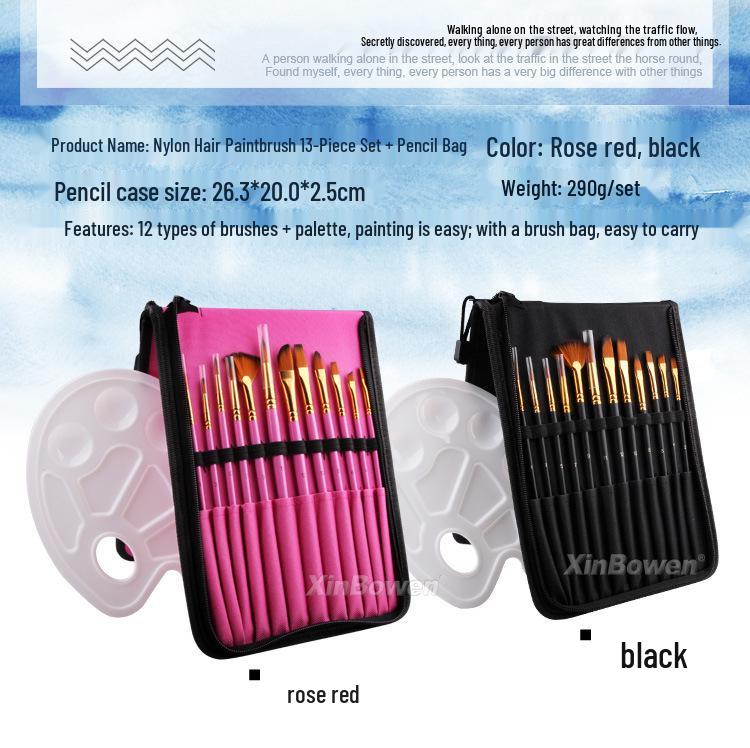 13-Piece Mixed Bristle Paintbrush Set with Bag & Palette for Oil, Watercolor & Acrylic