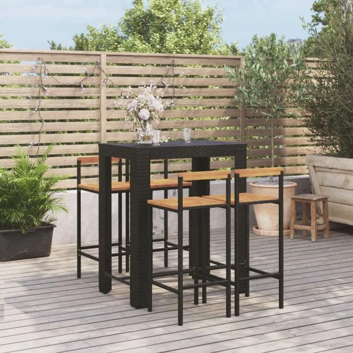 VidaXL Ensemble de bar jardin 5 pcs noir poly rotin/bois massif acacia, ensemble de table de bar, table et chaise de bar de 3187712