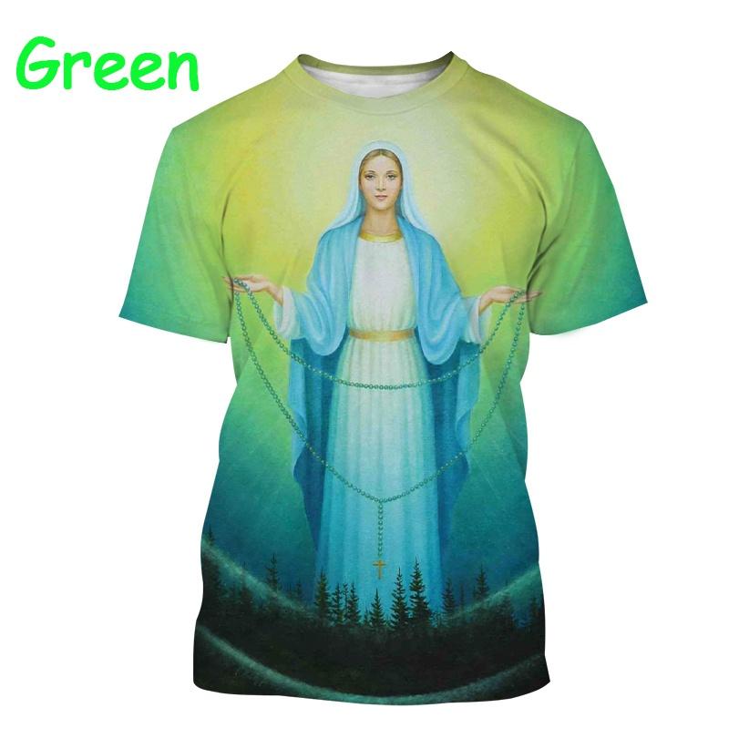 

2023 Blessed Virgin Mary 3D Printing T Shirt Personality Novelty Unisex Casual Street Faith Style Short Sleeved One Size армія зелений колір
