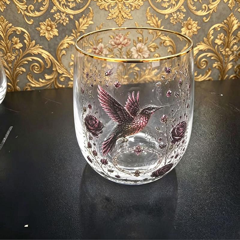 Vintage Painted Animal & Floral Gold Rim Glass Tumbler, Egg-shaped Lead-Free Glass Cup, Creative Gift Cup for Whiskey, Juice and Water