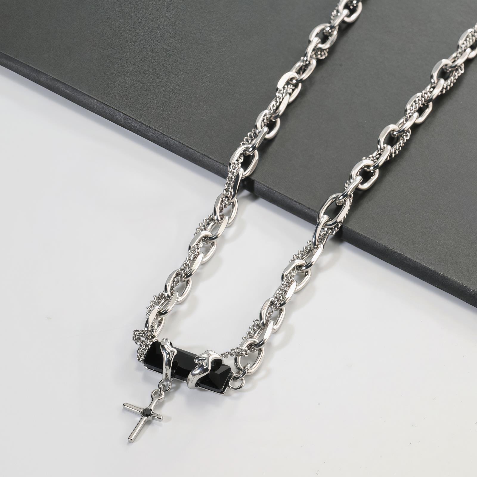 Cuban Chain Splicing Cross Necklace Men S Niche Design Sense Titanium Steel Collarbone Chain Hip-Hop Street Accessories