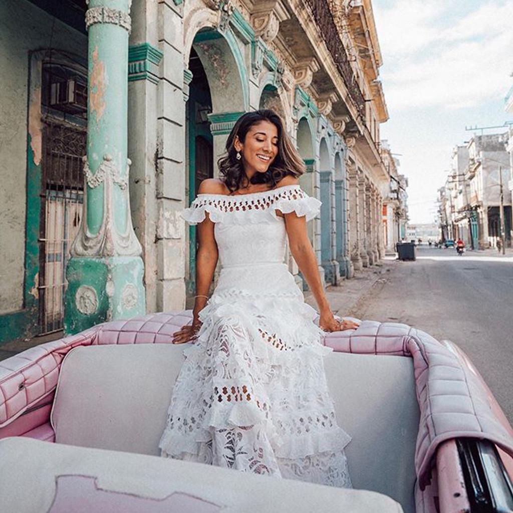 Boho Women Summer Holiday Lace Hollow Out Sundress Solid Slash-Neck Maxi Dress