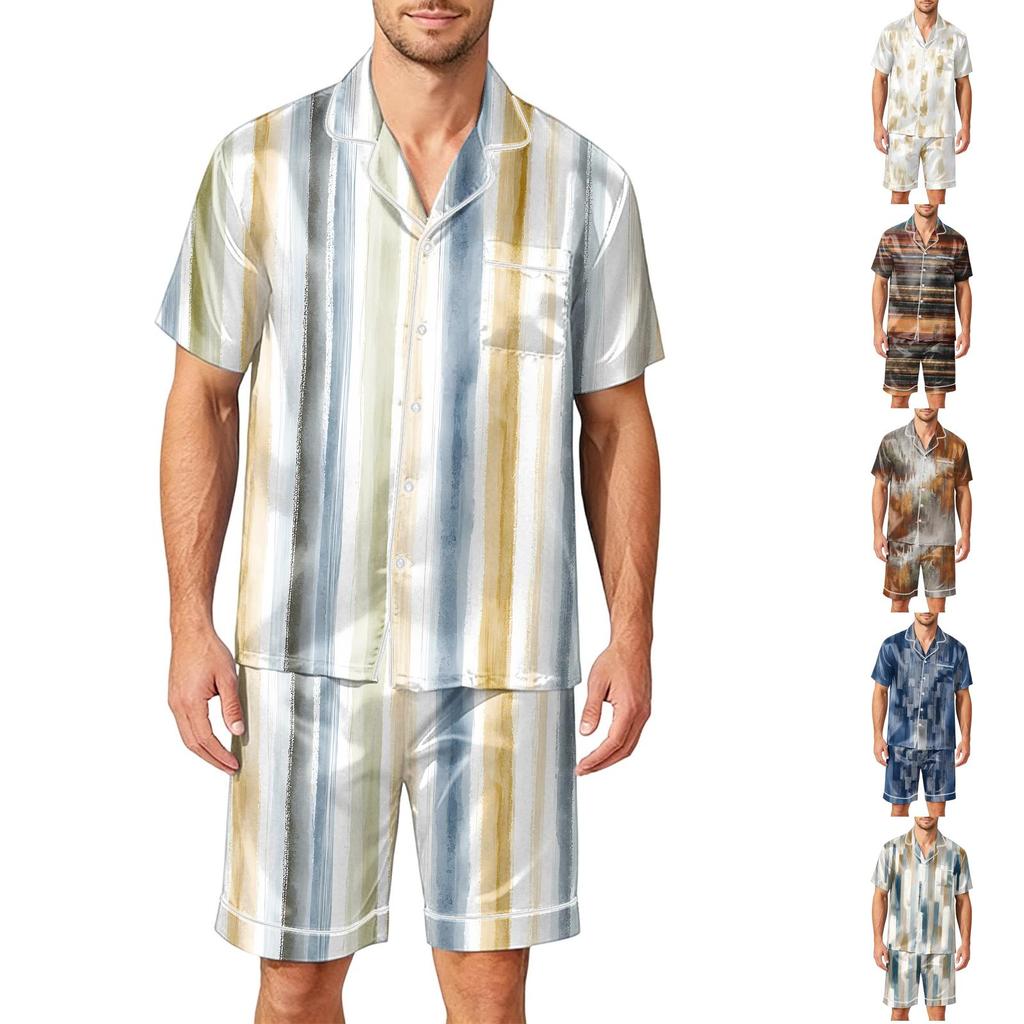 Men's Satin Short Sleeve Pajama Set Two Piece Sleepwear with Button Front Shirt and Shorts with Pockets Soft Lightweight Lounge Wear