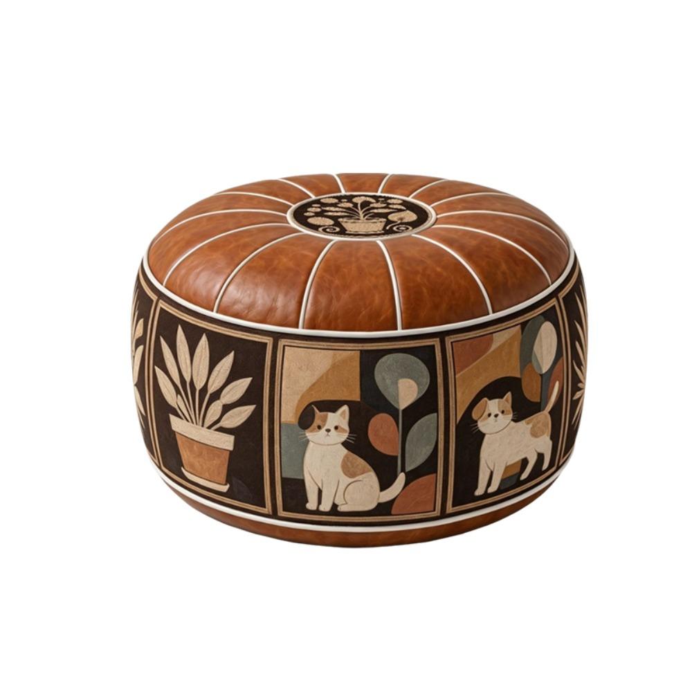Unfilled Oil Painting Pattern Stool Cover PU Leather Floor Seat Cushion Home Decor