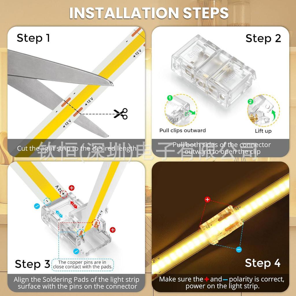 Solderless 2p LED Strip Connector - Transparent Crystal Buckle for 8mm/10mm, No Dark Areas