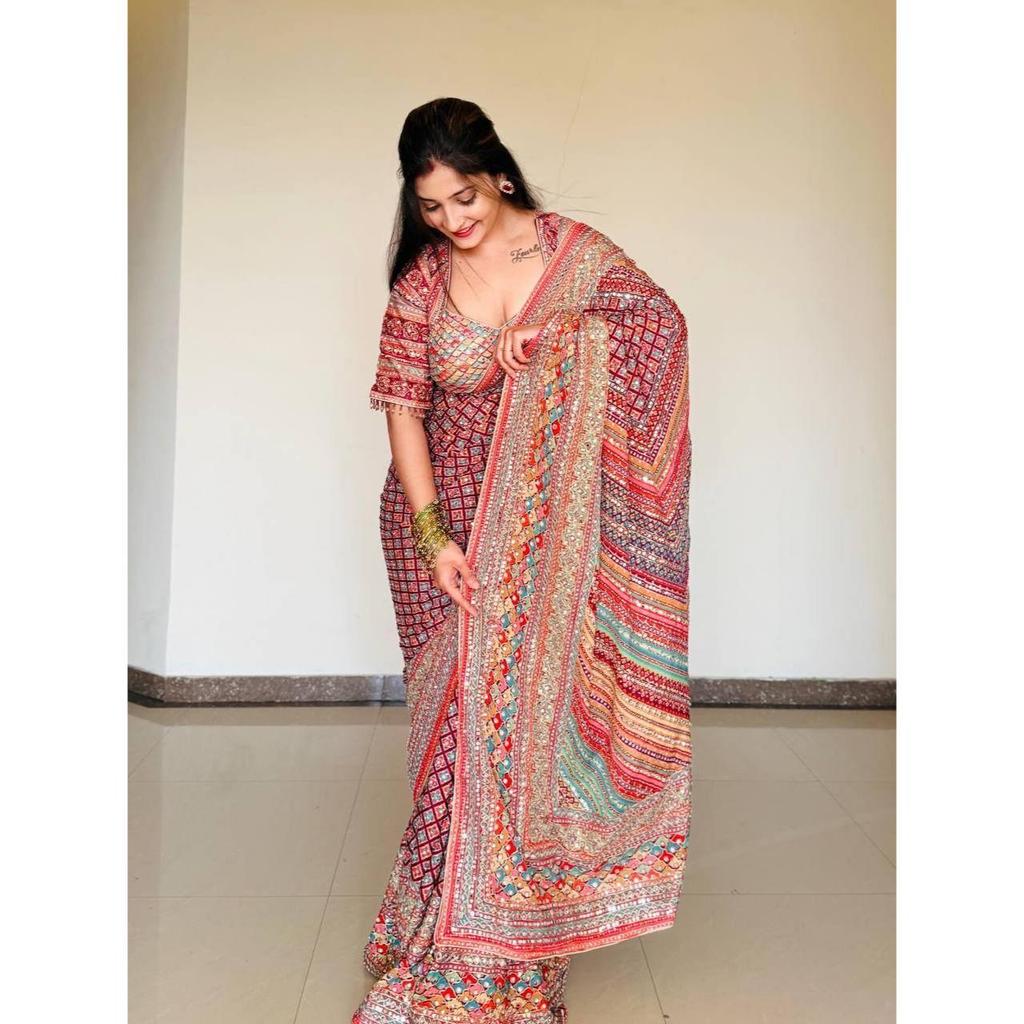 Premium Soft Chinon Printed Mirror Work Saree