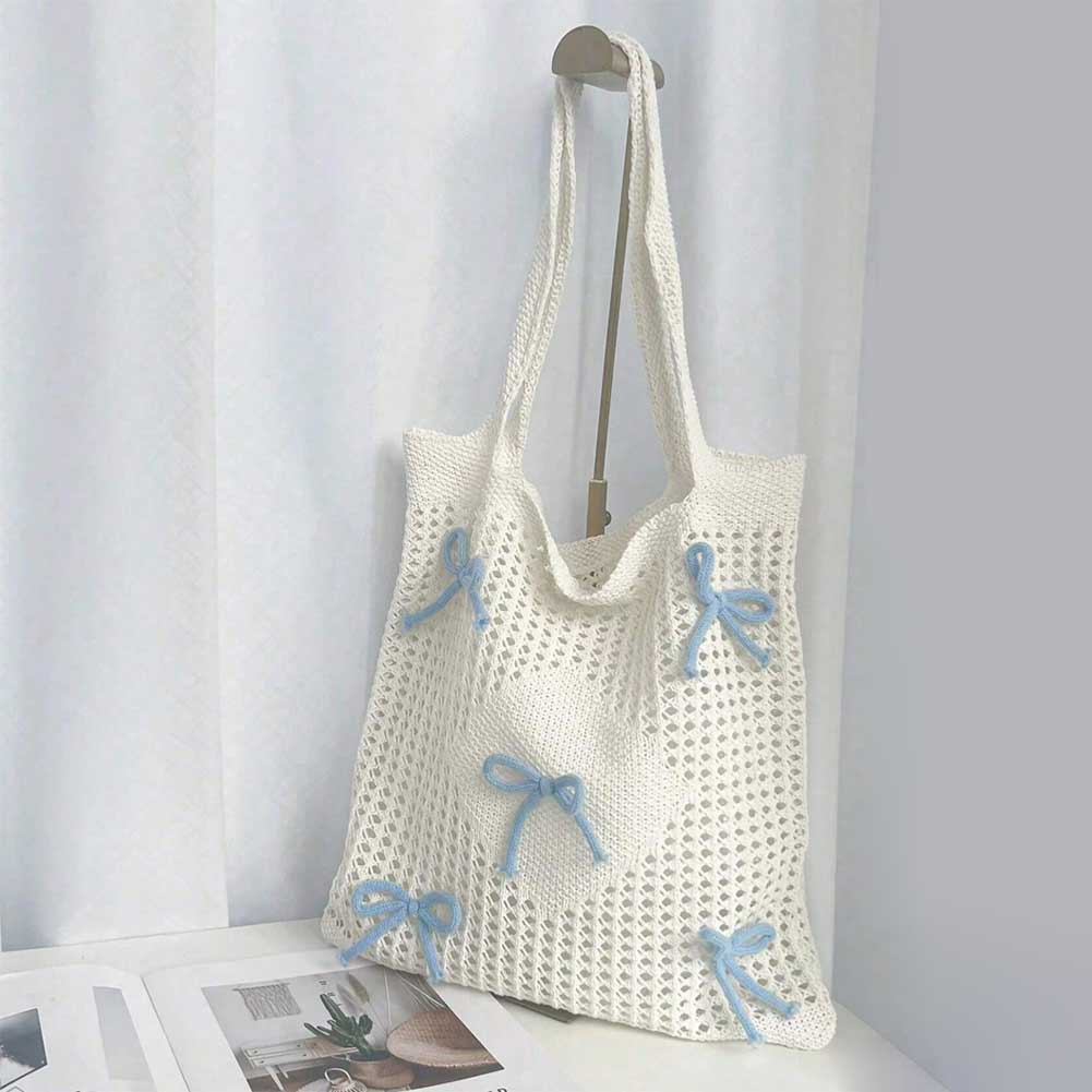 Women Bowknot Crochet Tote Bag Hollow Out Retro Bow Woven Bag Casual Knitted Bow Beach Bag Cute Shoulder Bags for Summer Travel