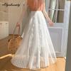 Fairycore Spring Summer Women Princess Skirt Elastic Waist White Beige Black Ruffles Skirt Elegant Feminine Mesh Lace Patchwork Pleated Skirt