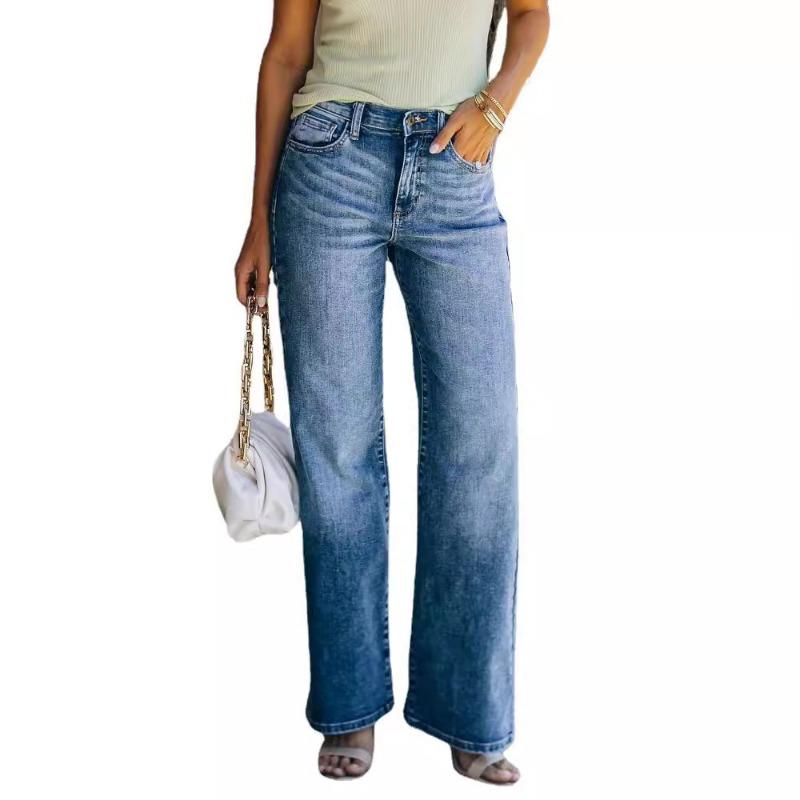 Light-colored Simple Jeans Women's Washed High-waisted Wide-leg Trousers