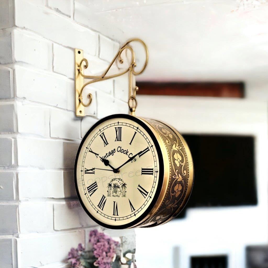 (8 INCH - One Side English Other Roman Numbers) Vintage Clock Handcrafted Double Side Clock Brass Finish
