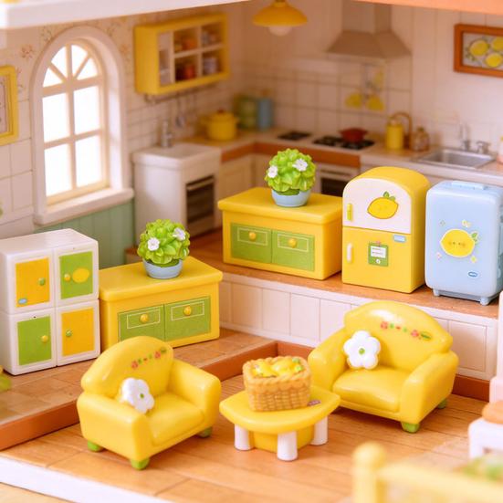 Yousheng Miniature Dollhouse Furniture Mini Resin Bed Sofa Cabinet Table Accessories Lemon Style Tiny Pretend Play Props for Fairy Garden Doll House