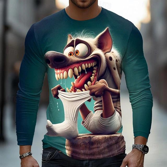 Spring and Autumn Round Neck 3D Cartoon Hyena Graphic Printed Top Fashionable Casual Long Sleeved Men's T-shirts