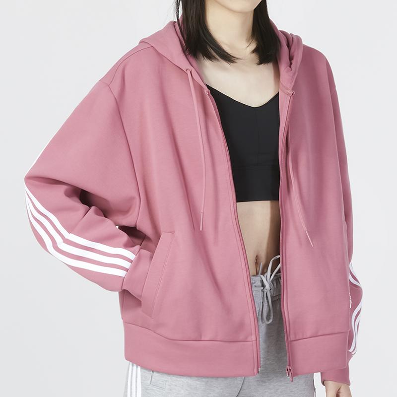 Adidas Striped Splice Casual Zip Hoodie Jacket Women Outerwear Pink IB8513