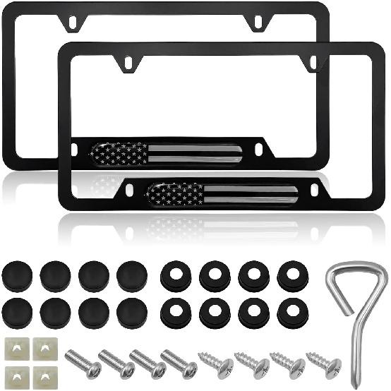 2 PCS Flag License Plate Frame, N Flag Patriotic Stainless Steel Auto Plate Cover, Vintage US Rust-Proof Vehicle License Plate Holder, Universal Car
