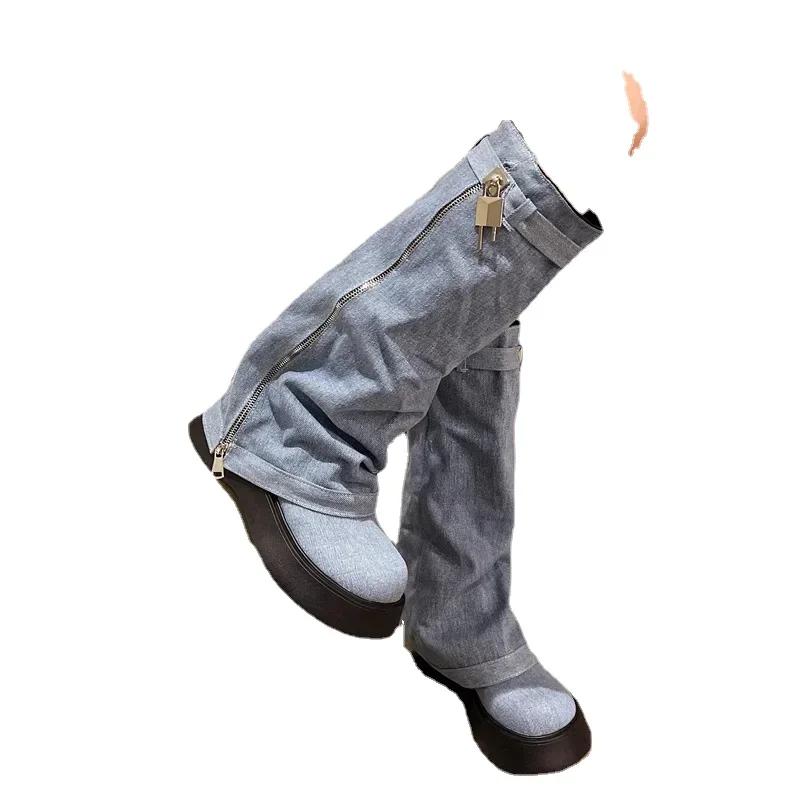 Fashion Women Pleated Chunky Platform Knee High Denim Boots Women Thick Bottom Wedge Western Boots Side Zipper Cowgirl Botas 2024