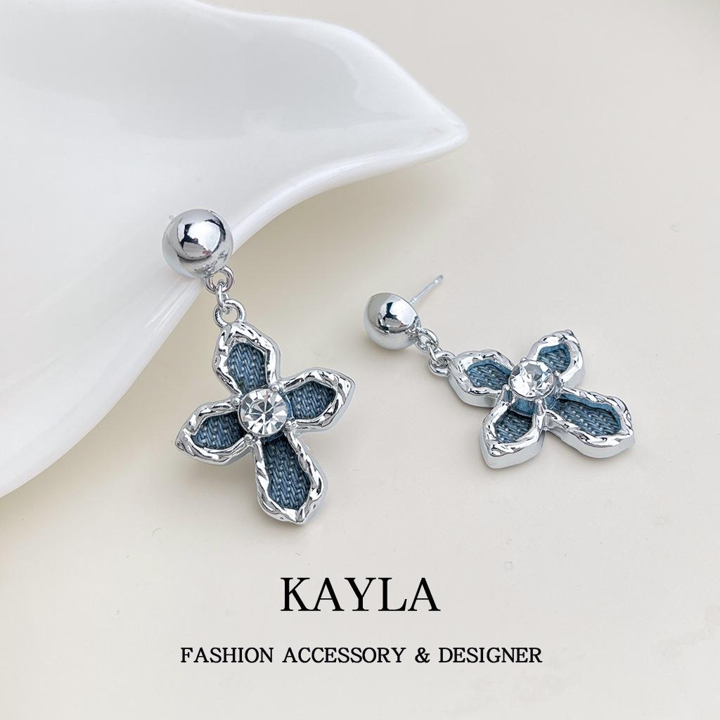 Stylish Denim Blue Cross Stud Earrings: Niche, Sweet, Cool, and Exaggerated High-Class Feel for Women
