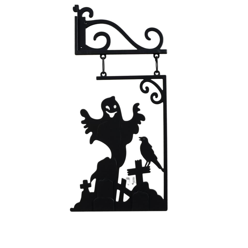 Metal Wall Hanging Sign Ghost and Crow Silhouette Halloween Decor Outdoor Indoor Garden Yard Porch Decoration with Bracket