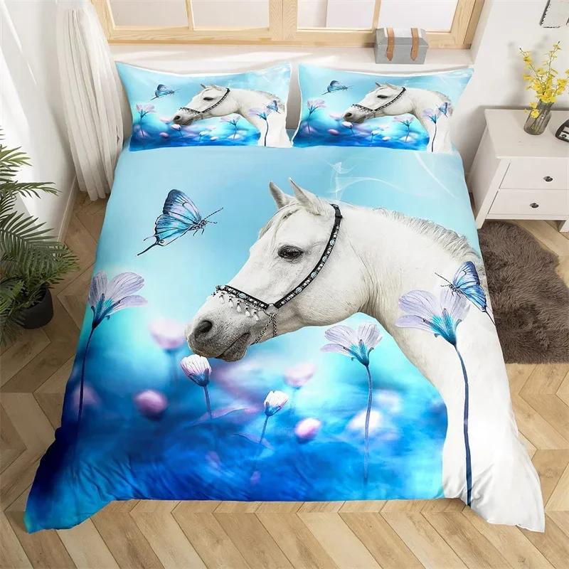 Horse Duvet Cover Butterfly Floral Comforter Cover Microfiber Western Farm Animals Bedding Set King For Kids Girls Bedroom Decor