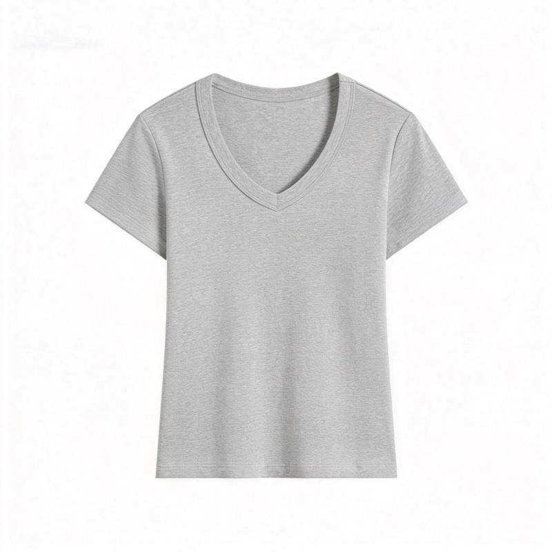 Summer Solid Color V-Neck Slim-Fit T-Shirt for Women, New Slim-Fit Round-Neck Short-Sleeve Top