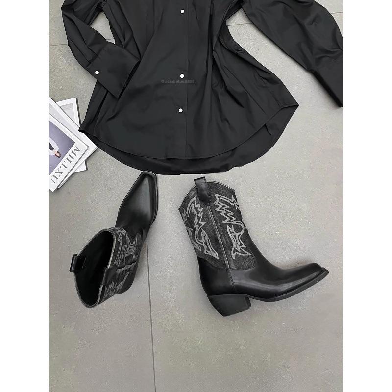 Cowhide version retro denim color matching short boots women's western boots medium tube fashion versatile British style high heel fashion boots