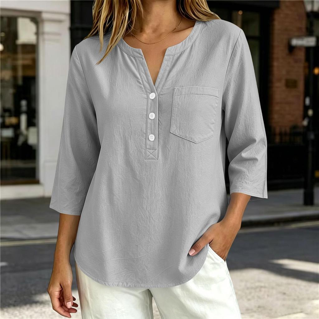 Women's Casual V-Neck Three-Quarter Sleeve T-Shirt Top for Everyday Wear