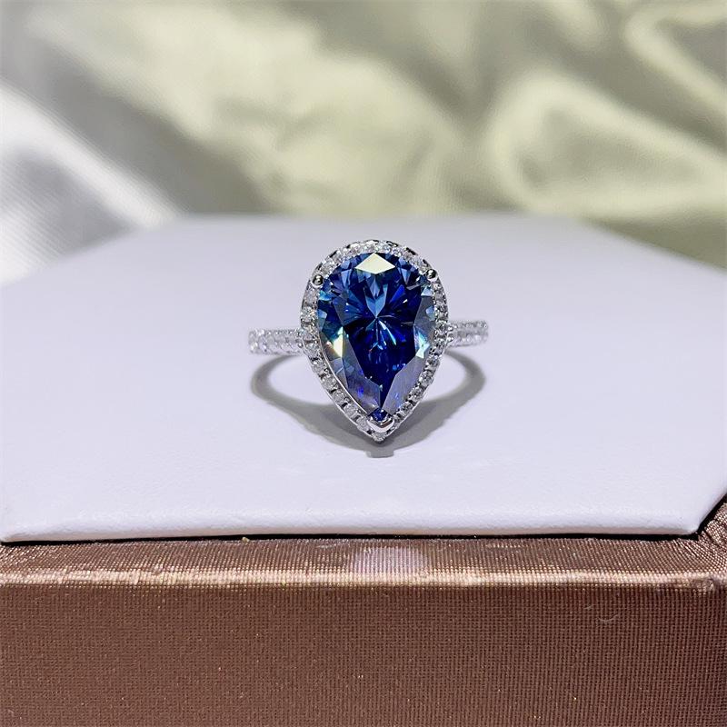 5 Carat Blue Water Drop Moissanite Women's Pear Shape Diamond Ring - Stylish European & American Fashion Bestseller.