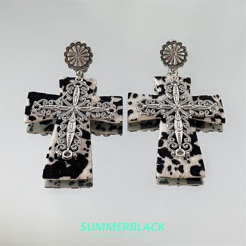 

Personalized Black and White Leopard Print Eight-Pointed Stars Cross Eardrops Stud Earrings for Women Niche Style Fashion Hip Hop Trending Earrings Leopard Cross Earrings