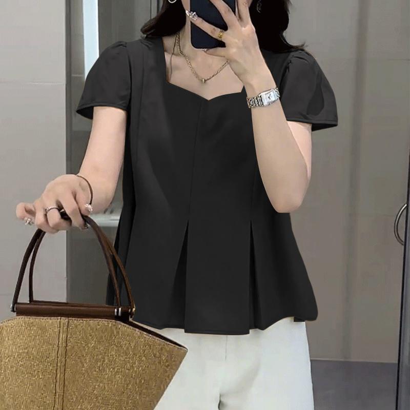 

ZANZEA Женская повседневная летняя блузка с круглым вырезом и коротким рукавом L чёрный