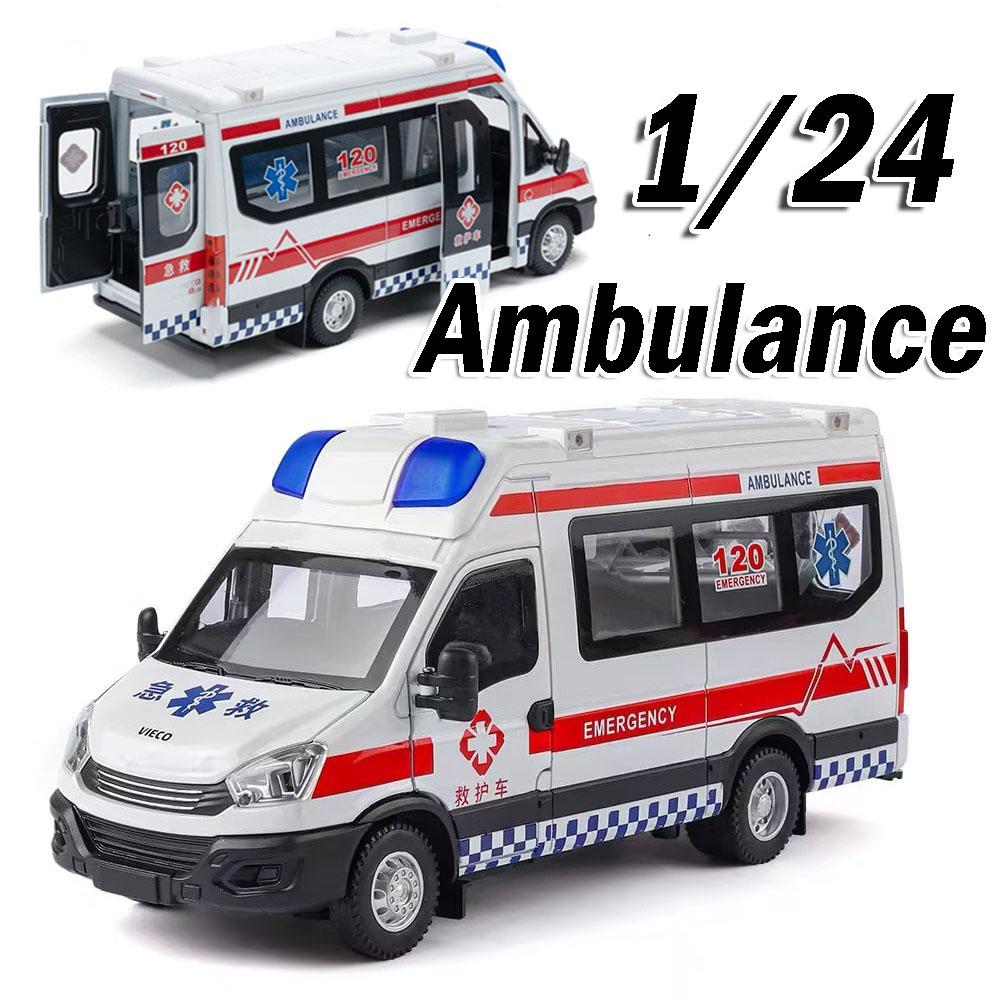 1:24 Ambulance School Bus Model Toy Cars Alloy Diecast Sound Light Doors Opened Pull Back Simulation Vehicle for Kids Edutainmnt