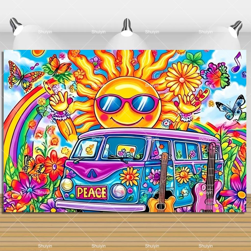 Colorful Peace Love Retro Hippie Bus Dyed Backdrop Kids Birthday Party Decorations Bohemian Style Guitar Floral Photography Prop