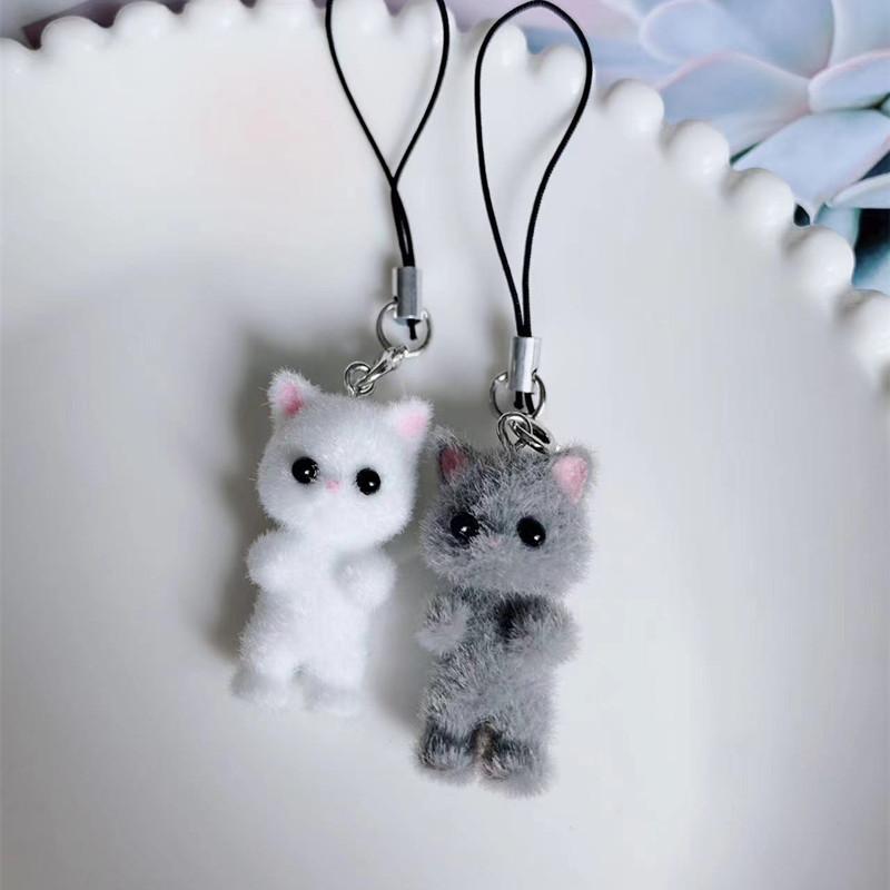 Sales 1 Piece Flocking Fabric 3D Lovely White Black Cat Mobile Phone Charms Cute Animal Cellphone Lanyard Strap