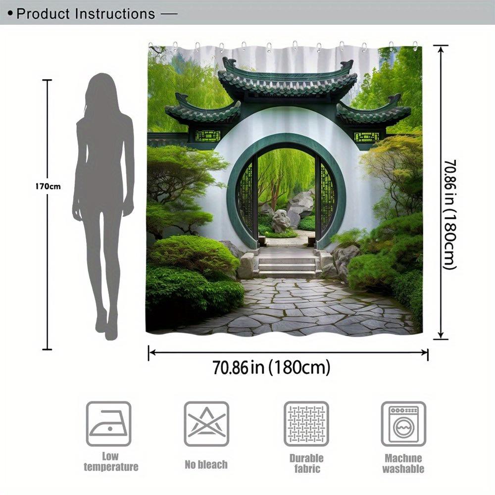 Waterproof Shower Curtain with Traditional Chinese Garden Design for an Elegant and Cultural Bathroom Decor Experience