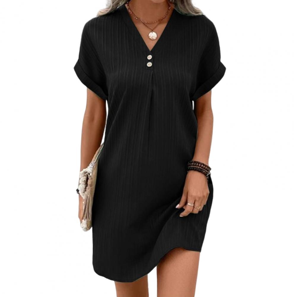 Summer Women Dress V-Neckline Button Short Sleeves Comfortable Fit Single Color Pullover Leisure Daily Wear Dating Mini Dress