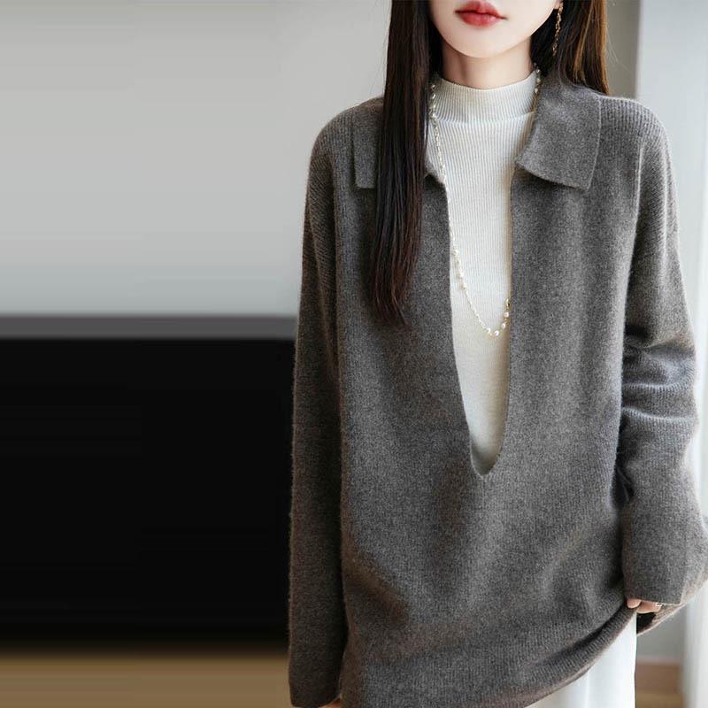 2025 Autumn/Winter Women's Pure Wool V-Neck Knit Polo - Casual Loose Pullover