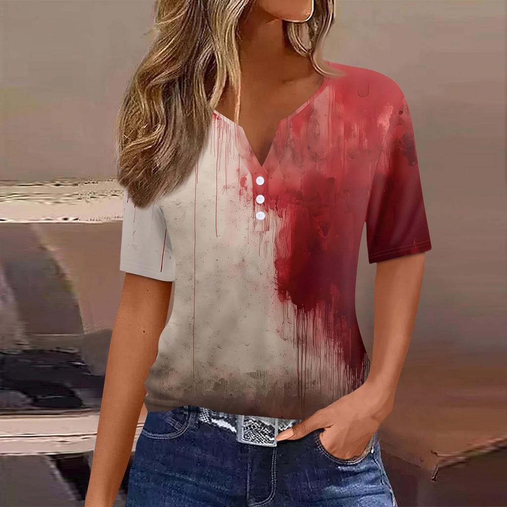 Women's T Shirt Halloween Print Button Short Sleeve Daily Weekend Fashion Basic V- Neck Regular Top