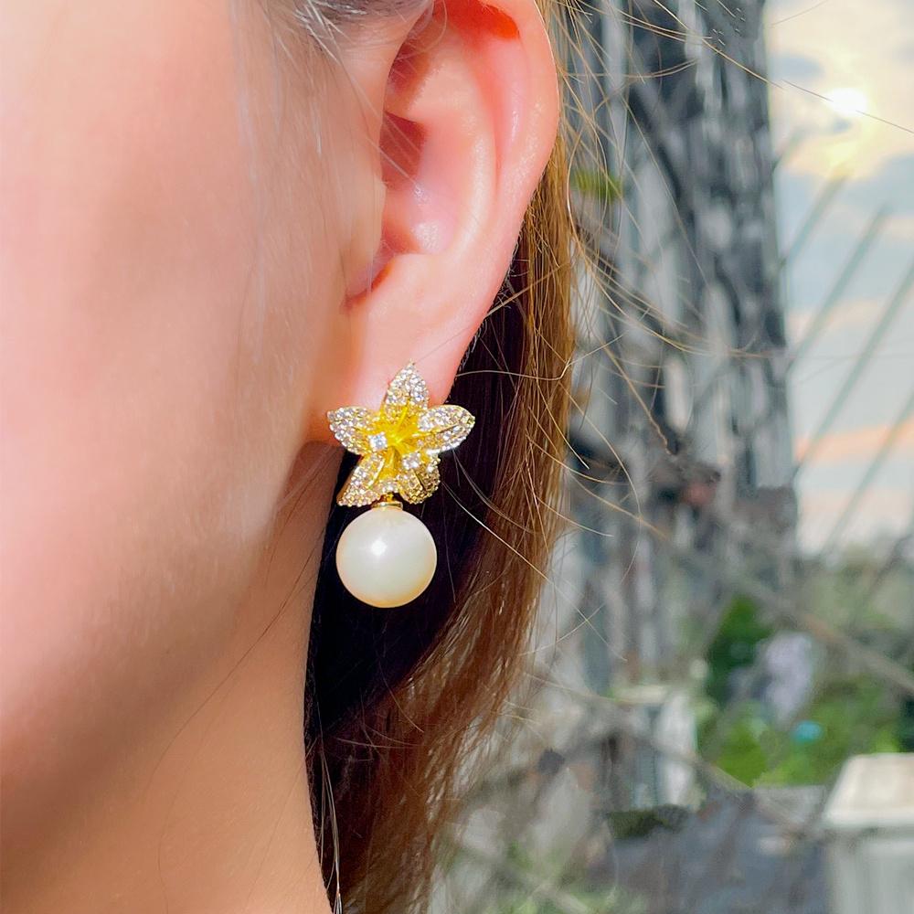 Zircons Noble White Gold Color Dangle Drop Pearl Cubic Zirconia Lovely Geometric Flower Earrings For Women Chic Jewelry