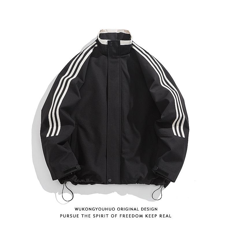 Unisex Retro Three Stripes Stand Collar Windbreaker - Trendy Loose Fit Jacket for Spring/Autumn Streetwear