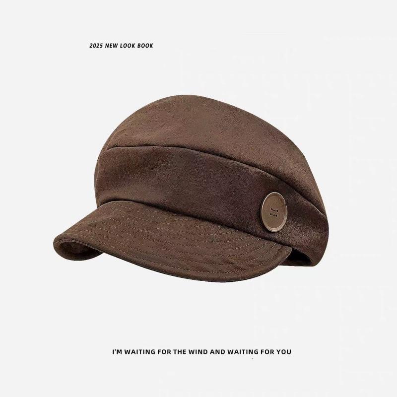 

Korean 2025 Early Autumn Suede Button Newsboy Hat for Women - Large Head Circumference, Small Face Octagonal Design One Size