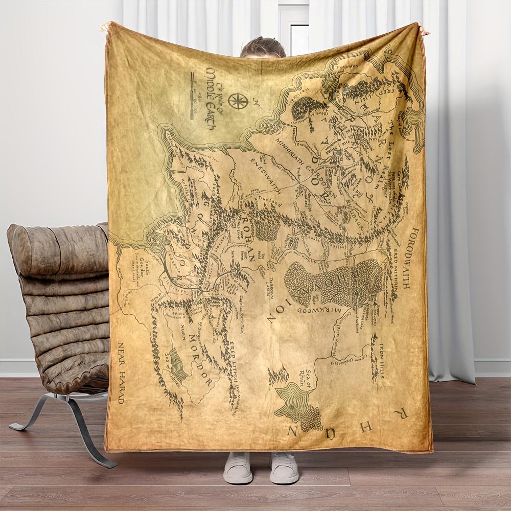 Vintage Middle Earth Fantasy Map Print Flannel Throw - Soft Cozy Ringwraith Design Blanket for Living Room Bedroom Study, Gift