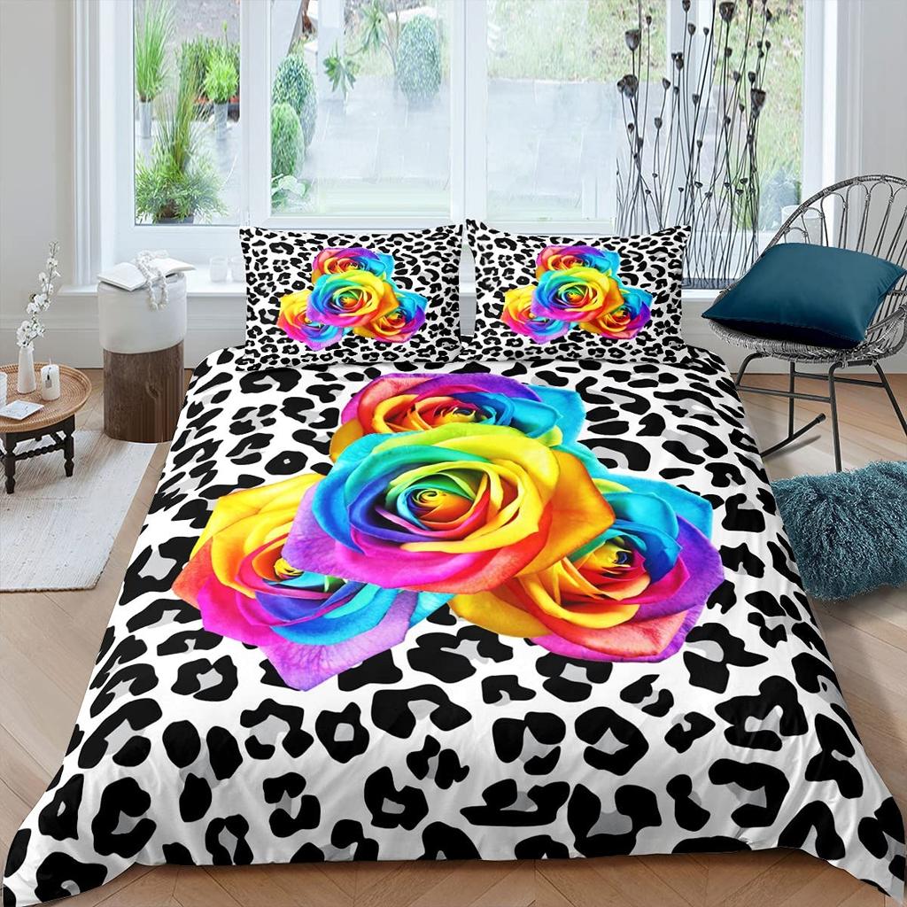 Rose Bettbezug-Set Damen Chic Lila Blumenmuster Bettwäsche-Set Romantische Blumen Glitzer King Size Bettdeckenbezug Für Paare