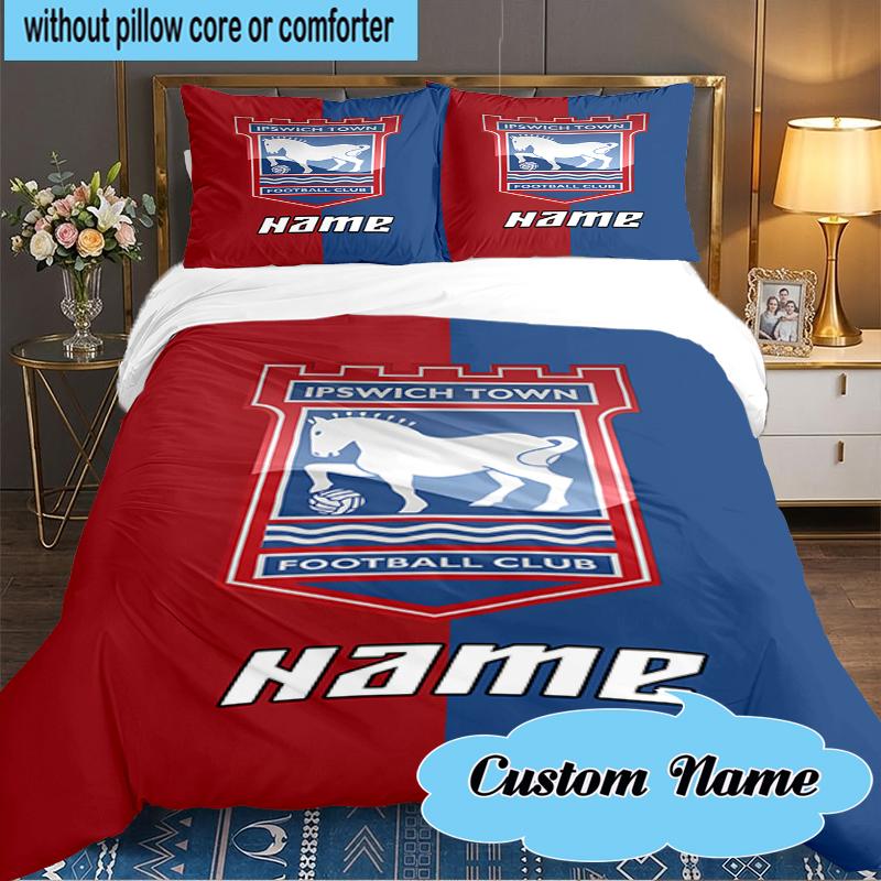 Custom Name Ipswich Football Crest Bedding Set 3pcs, Bedding Set Including 1pc Duvet Cover And 2pcs Pillowcases for Bedroom, Dormitory Gift