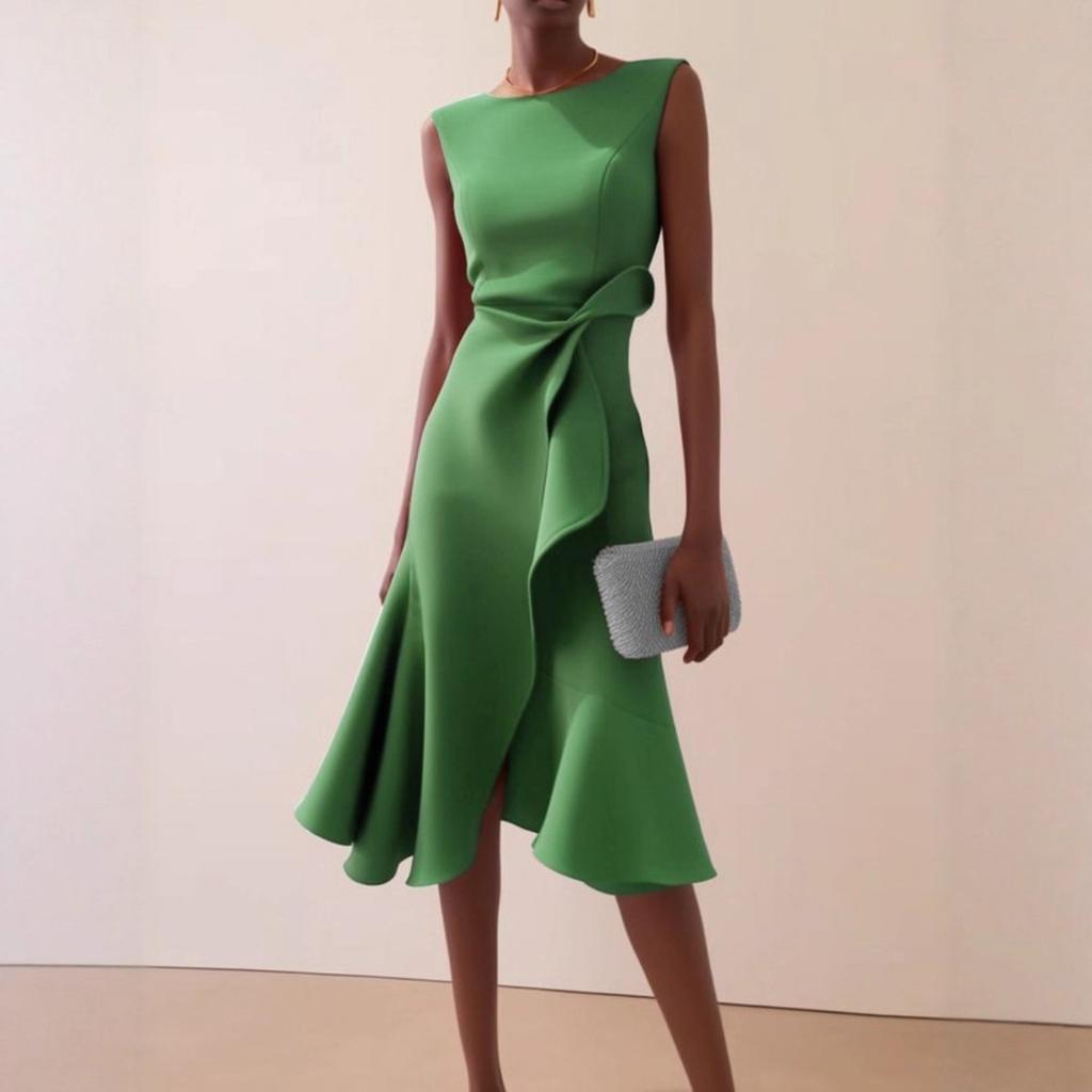 Dames Ronde Hals Mouwloze Midi Jurk Slim Fit Middelhoge Taille Elegante Ruche Split Cocktailjurk