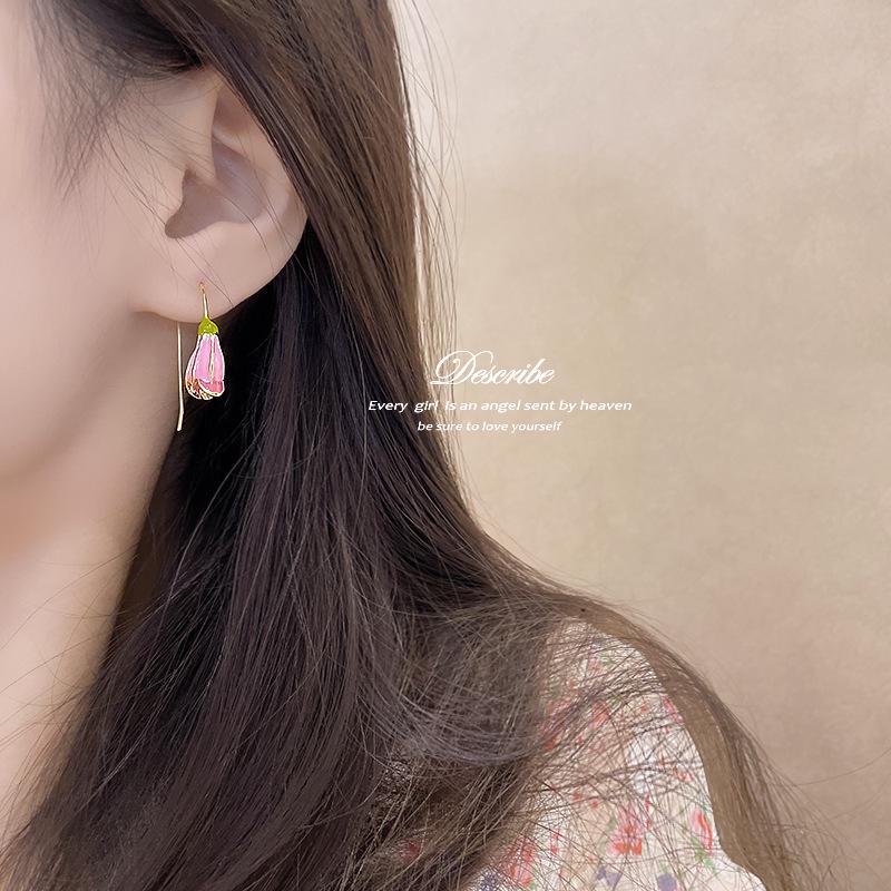 S925 Silver Needle Cute Pink Tulip Earrings & Fresh Versatile Pearl Necklace