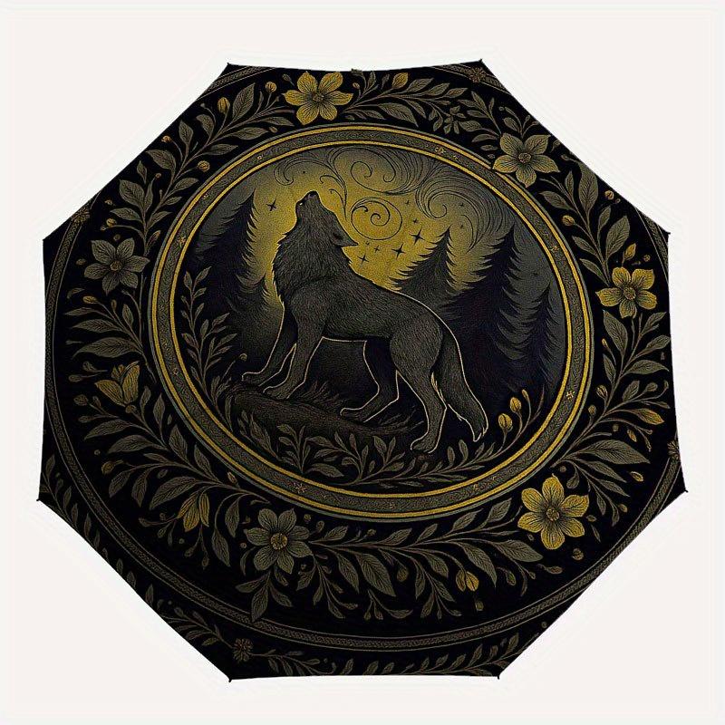 Złoty Wilk Leśny Oświetlony Księżycem Talerz Dekoracyjny Parasol, Przenośny Kompaktowy Parasol 3-Składany dla Mężczyzn i Kobiet R134