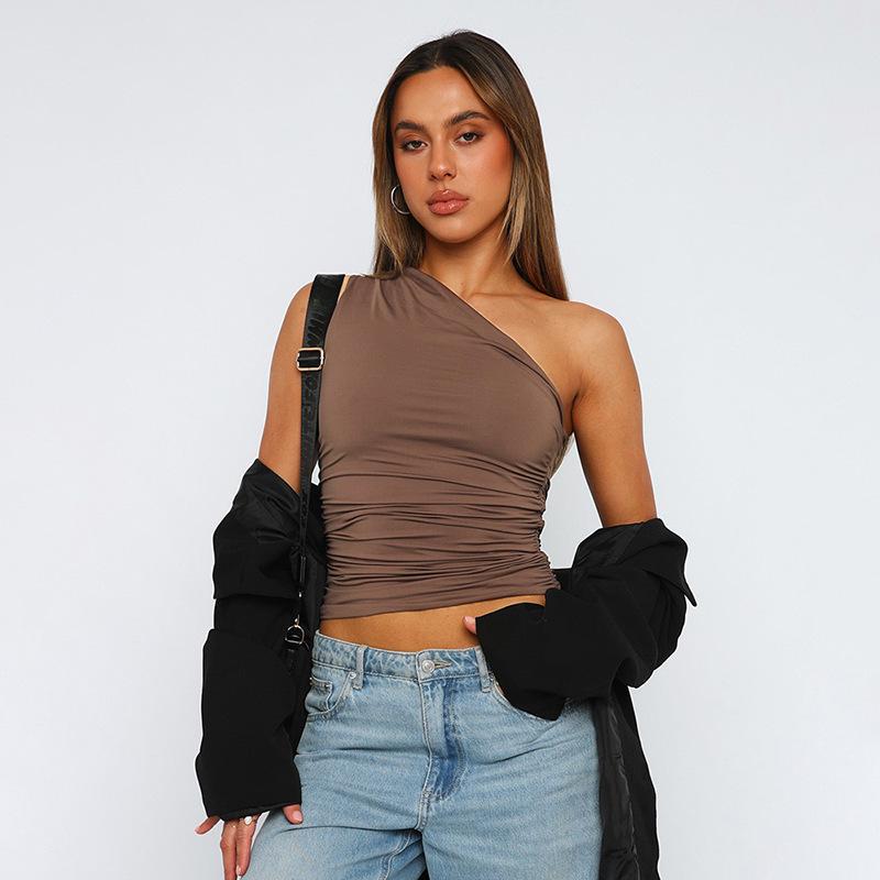 Einfarbiges, rückenfreies Tanktop mit einer Schulter und Bonbonfarbe, eng anliegend, sexy, ärmellos, halslos, schmales, lässiges Top